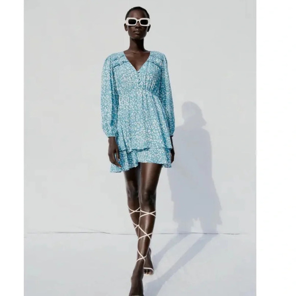 Zara Dresses & Skirts - NWOT ZARA Animal Print Long Sleeve Mini Dress Blue White Sz M